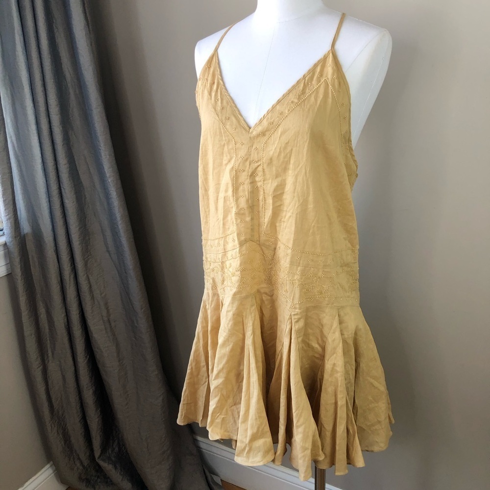 Zara Yellow Linen Lightweight Beaded Flirty Ruffle Summer Dress L